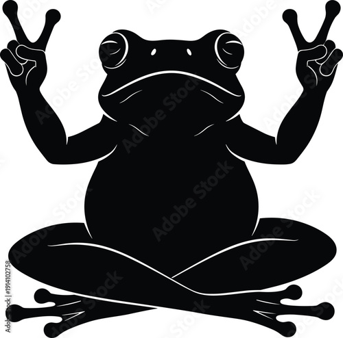 Cute frog silhouette illustration making peace sign gesture, cartoon amphibian character vector isolated on light background