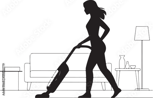 Minimalist of a woman vacuuming a living room silhouette