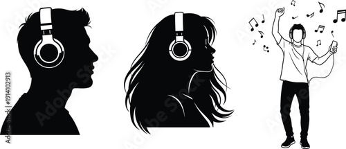 People listening music illustration set, man and woman with headphones dancing, audio entertainment concept, minimal vector black and white