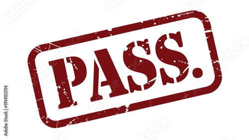Red pass stamp, isolated on white background featuring bold rubber stamp typography, ideal for approval marks, certification results, quality control labels, and business document design projects