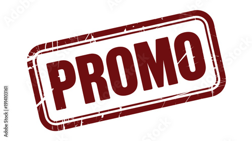 Red promo stamp, isolated on white background featuring bold rubber stamp style typography, ideal for marketing campaigns, discount promotions, retail sales labels, and advertising design projects