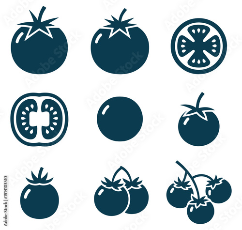 Vector icons of tomatoes in various views and slices isolated on transparent background
