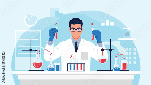 Dedicated male scientist conducting chemical experiments with test tubes and flasks in a professional laboratory environment.