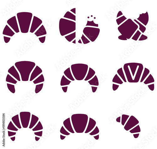 Collection of purple croissant pastry icons in various orientations isolated on white background