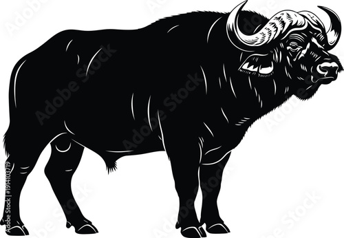 Powerful African buffalo stands proudly as a bold black and white graphic.