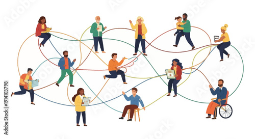 Illustration of diverse people connected by colorful lines, representing teamwork and social justice on a World Social Justice Day campaign with a global awareness theme.