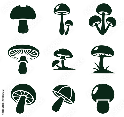 Nine dark green vector mushroom icons in various shapes and sizes isolated on white background