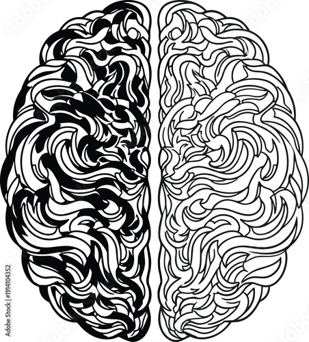 Abstract human brain vector illustration, black and white left and right hemisphere conceptual anatomy design isolated