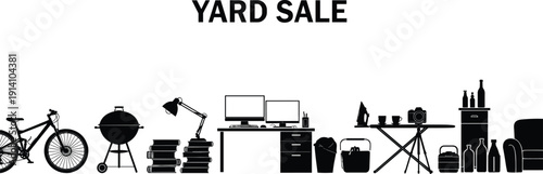 Yard sale concept illustration, garage sale items collection with furniture bicycle books and household objects silhouettes
