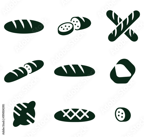 Collection of dark green vector bread icons on white background