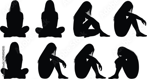 Sad woman silhouette illustration set, female loneliness and depression poses, emotional mental health concept, minimal vector black and white