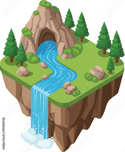 Adobe Illustrator Artwork isometric,detailed landscape,high quality,vibrant colors,beautiful mountains with waterfall,lush green forests,rocky cliff,flowing river,scenic overlook,peaceful nature scene