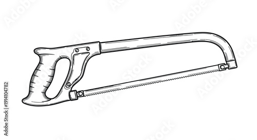  Illustration of a metal hacksaw featuring a curved handle, straight frame, and serrated blade. The black-and-white drawing highlights its simple, functional design.