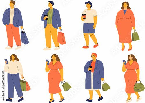 Diverse group of people carrying shopping bags illustrated in a flat style
