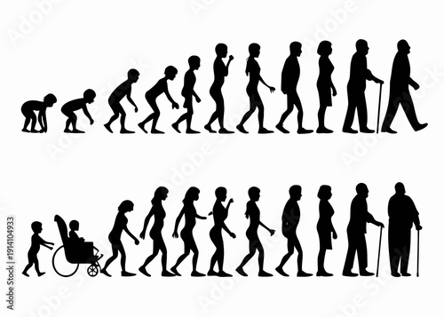 Human evolution depicted in silhouette from primate to modern man