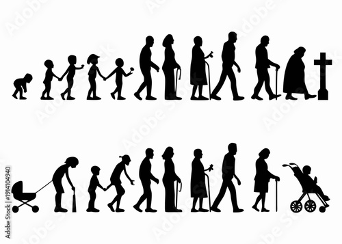 Human life cycle depicted as silhouettes showing stages from birth to death