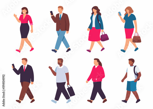 Diverse group of people walking using smartphones and carrying bags