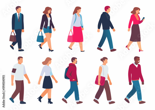 Diverse group of people walking in a city illustrated vector style
