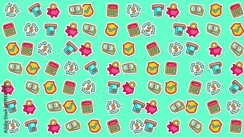 Repeating financial icons on turquoise background for presentations, websites, financerelated content, business cards, and social media posts.