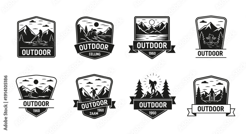 Obraz premium A collection of eight monochrome outdoor adventure logos, featuring mountain landscapes, forest scenes, and silhouetted figures engaged in hiking and exploration, perfect for branding.