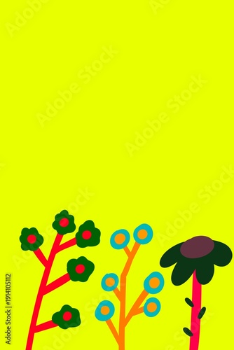 Colorful Neon Floral Abstract Background with Playful Hand Drawn Plants – Modern Vertical Illustration