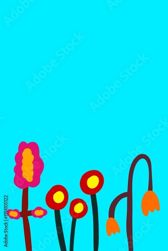 Colorful Neon Floral Abstract Background with Playful Hand Drawn Plants – Modern Vertical Illustration