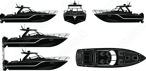 Luxury motor yacht silhouette vector collection, black and white speedboat from side front and top views isolated