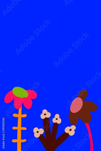 Colorful Neon Floral Abstract Background with Playful Hand Drawn Plants – Modern Vertical Illustration