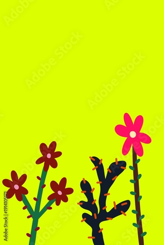 Colorful Neon Floral Abstract Background with Playful Hand Drawn Plants – Modern Vertical Illustration