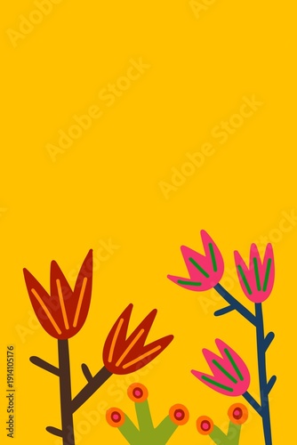 Colorful Neon Floral Abstract Background with Playful Hand Drawn Plants – Modern Vertical Illustration