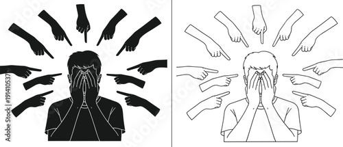 Silhouette stressed man covering face while many hands pointing accusingly isolated on white background for mental health social pressure concept