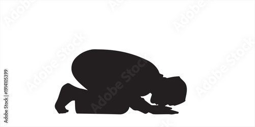 Man in silhouette sitting on a prayer mat with hands raised in a gesture of supplication or prayer on a white background with islamic and muslim