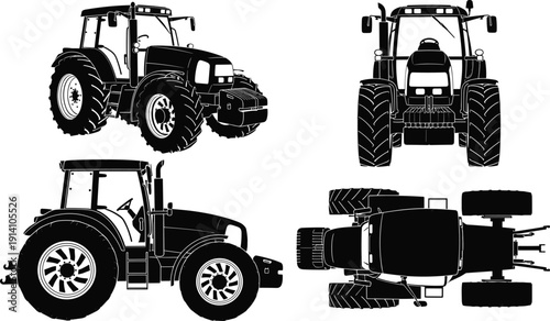 Agricultural tractor vector illustration set, black and white farm vehicle silhouettes from multiple views isolated on background
