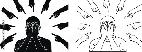 Stressed man covering face while many hands pointing in blame isolated on white background for mental health social pressure concept
