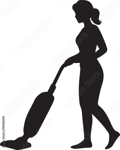 Silhouette of a woman vacuuming with a bagged vacuum cleaner