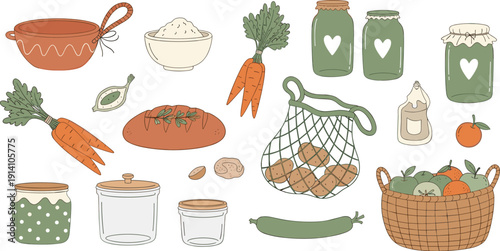 Hand drawn grocery food and kitchen containers collection with vegetables bread and jars flat vector illustration set
