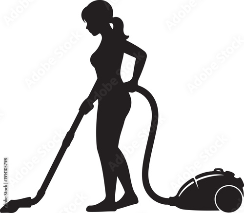 Silhouette of a woman vacuuming with a canister vacuum cleaner
