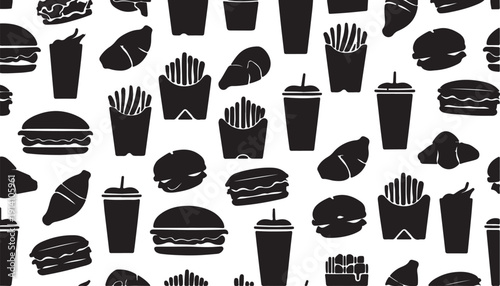 Fast Food Silhouette Pattern: A captivating silhouette pattern featuring a collection of fast food icons, offering a dynamic and appetizing design for culinary concepts.