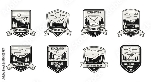 A collection of vintage-style national park exploration badges, featuring scenic landscapes, mountains, and pine trees, perfect for outdoor adventure branding.