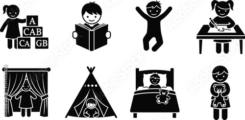 Black vector icon set of children playing with blocks reading books jumping drawing and sleeping for preschool education nursery branding and childcare services design,
