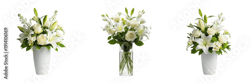 Set of Elegant Bouquets with White Lilies and Roses in Vases Isolated on White Background for Wedding and Interior Decor