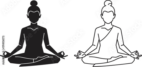 Woman meditating in lotus pose silhouette and line style isolated on white background for yoga mindfulness wellness concept illustration