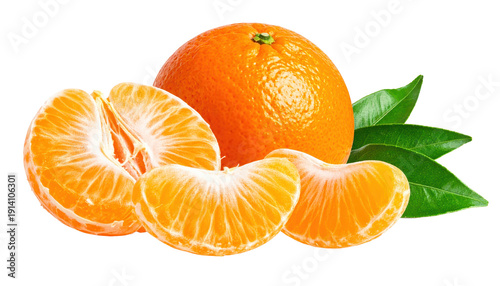 Whole and peeled mandarins with green leaves