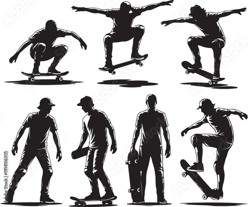 Black silhouettes of skateboarders performing tricks and stunts on white