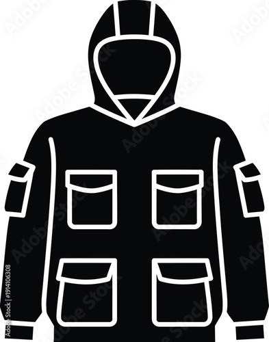 A black silhouette icon showing a utility jacket with multiple pockets and a hood on a white background