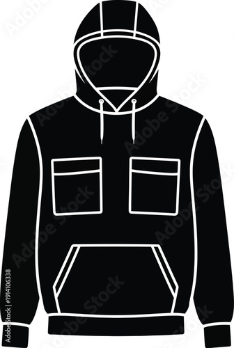A black and white graphic illustration of a modern hoodie with a hood and multiple pockets