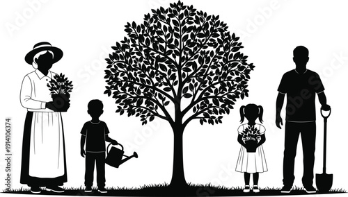 Black vector silhouette of a diverse family gardening together by a large tree for organic farming community environment nature landscape and sustainable lifestyle branding,