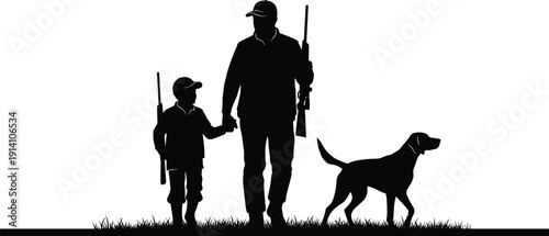 Black vector silhouette of a father and son hunting together with rifles and a bird dog for outdoor adventure family heritage and sportsmanship,