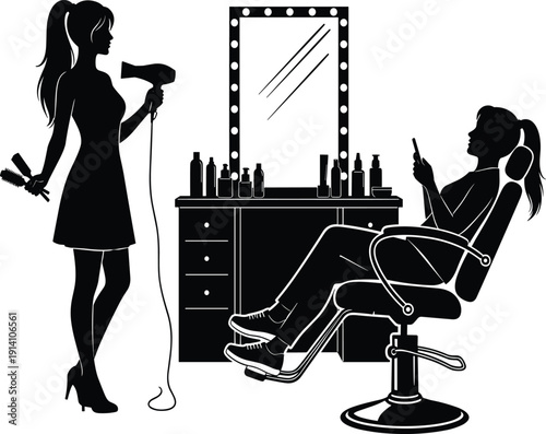 Black vector silhouette of a hair stylist using a blow dryer on a client in a salon chair for beauty parlor branding design,