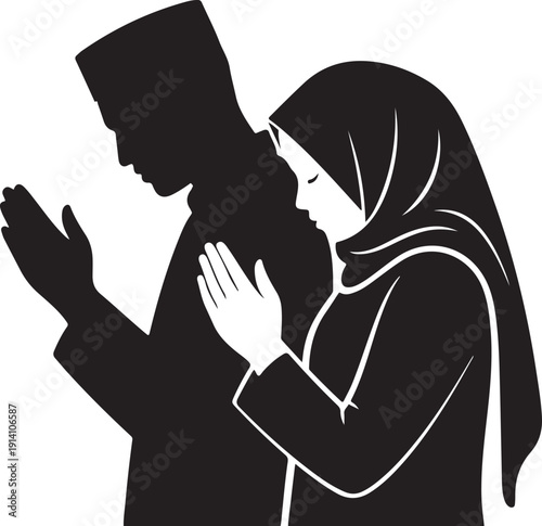 Silhouette of man and woman praying with child